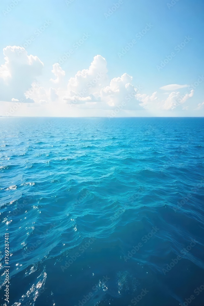 Obraz premium Vast, tranquil ocean stretching to the hazy horizon, a serene seascape perfect for travel or nature themes The calming blue meets the sky in a breathtaking panorama , summer, waves