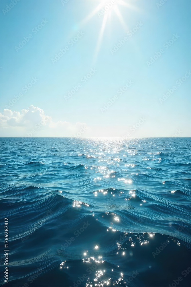 Obraz premium Vast, tranquil ocean stretching to the hazy horizon, sunlight reflecting on calm waves Perfect for travel, nature, or serenity themes , tranquil, sun, light