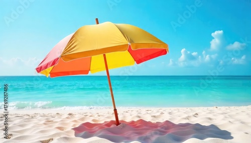 Vibrant beach umbrella providing shade on a sunny day, casting a cool shadow on the sand Perfect for summer vacations, beach holidays, and relaxation , blue, heat