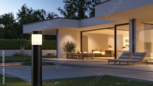 Modern house exterior with outdoor lighting