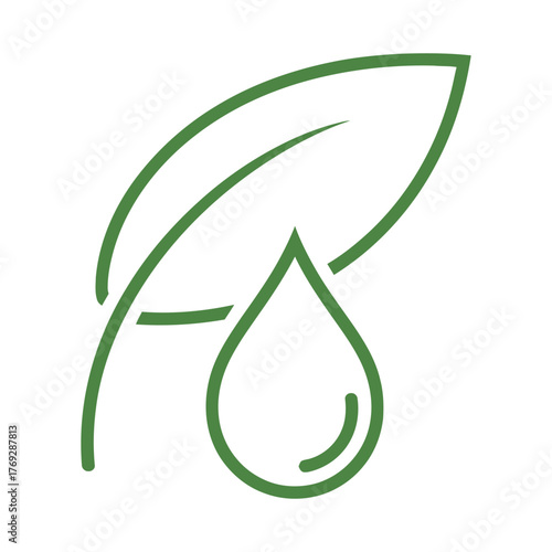 Green leaf and water drop line icon isolated on white background for natural product concept