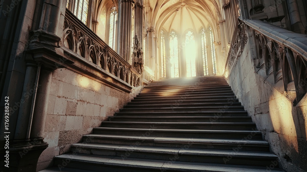 Fototapeta premium Sunlit stone staircase in gothic cathedral interior.