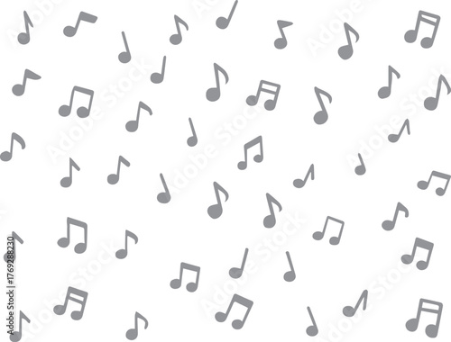 A scattered pattern of musical notes arranged in a playful black and white design, perfect for creative backgrounds and decoration.