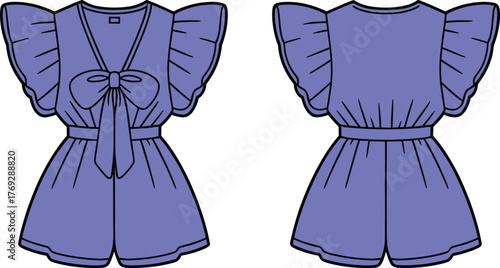 Blue women’s romper, front and back view, ruffled sleeves, deep V-neck, tied bow, cinched waist, fashion template, garment mockup