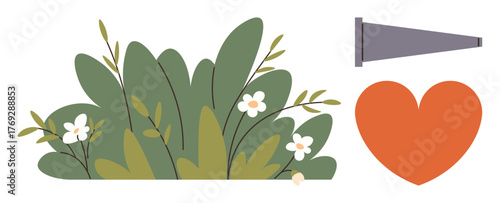 Green leafy bushes with white flowers, orange heart, and communication tube. Ideal for love, connection, nature, environmental awareness, health romance communication. Simple flat metaphor
