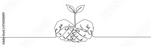 Continuous one-line drawing of hands holding a growing seedling, symbolizing protection, growth, nature, and environmental care in a minimalist style.