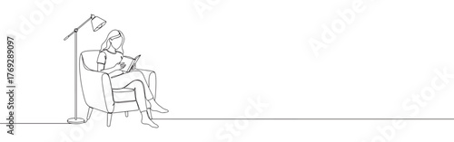 Continuous one-line drawing of a woman reading a book in an armchair under a lamp, depicting relaxation, education, and cozy indoor activities.