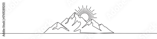 Mountains and sun continuous one line drawing. Hand drawn sunset panoramic view.