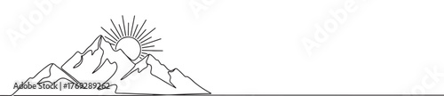 Mountains and sun continuous one line drawing. Hand drawn sunset panoramic view.