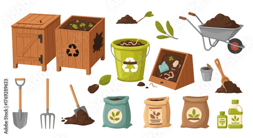 Illustration of composting elements: wooden bins, bucket with worms, raised bed, wheelbarrow, shovel, fork, bags of fertilizer, and bottles.