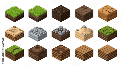 Isometric illustration showcasing a collection of diverse soil and ground textures, including grass, dirt, sand, stone, and wood, arranged in a grid-like pattern.