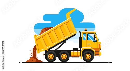Illustration of a yellow dump truck with its bed raised, unloading a pile of brown soil against a stylized blue cloud background.