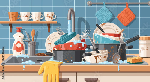 A cartoon illustration depicts a sink overflowing with dirty dishes, pots, and utensils, with soap suds and a running faucet.