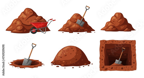 Six illustrations depict piles of soil, a wheelbarrow, a shovel, and a hole in the ground.
