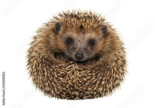 Foto Isolated European hedgehog curled up in a defensive posture, showing its adorabl