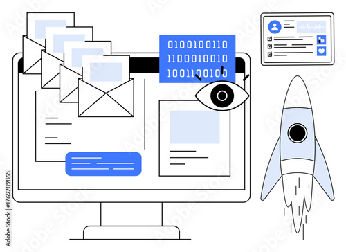 Emails, computer screen with data, profile card, rocket launch, and binary code portray technology, cybersecurity, data privacy, communication digital marketing innovation and growth. A simple