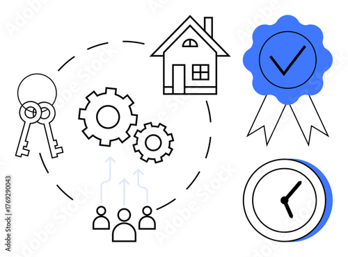 House with gears, keys, ribbon badge, clock, and team figures signifying process optimization, collaboration, progress. Ideal for real estate, mortgage teamwork project planning certification