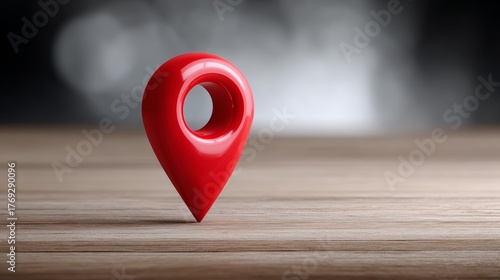 Vivid red gps pin symbolizing location destination on wooden map surface high fidelity viewpoint