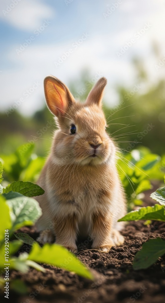 Fototapeta premium Cute brown rabbit sitting among fresh green plants in a sunny garden during daytime
