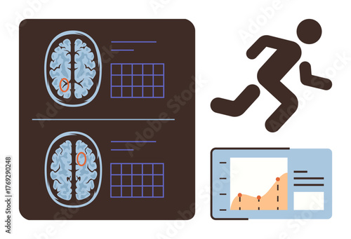 Brain scans with graphs, running figure, and performance chart highlight wellness, neuroscience, fitness, analytics, sports tracking, health improvement efficiency. Ideal for simple flat metaphor