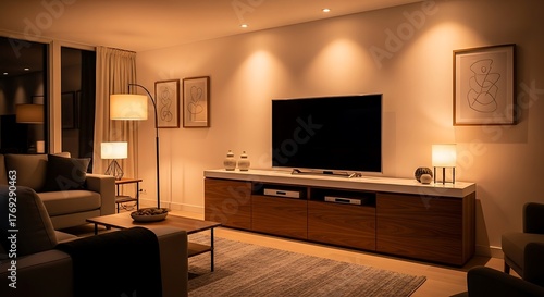 Modern Living Room with Large Television and Cozy Seating Area.