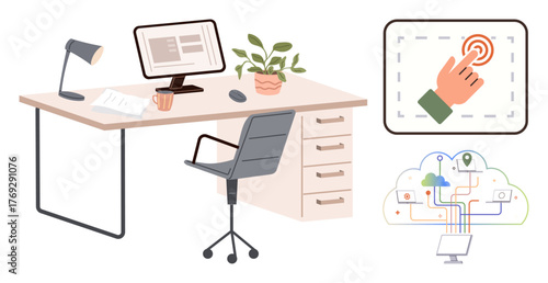 Office setup featuring a desk, computer, lamp, and plant, with additional elements showing touch interaction and cloud network. Ideal for productivity, technology, innovation, networking remote