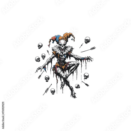 Disturbing horror-style illustration of a decaying jester or zombie clown skeleton surrounded by floating skulls and arrows