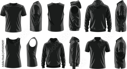 Black clothing mockup, fashion top template, hoodie, t-shirt, polo shirt, tank, jacket, realistic apparel set, front back view