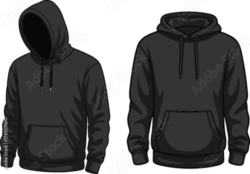 Black hoodie front view, casual fashion sweatshirt, urban streetwear style, modern pullover design, apparel mockup, clothing template, trendy outfit