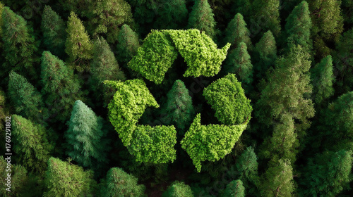 Recycling symbol on the background of trees. Ecological concept. Ecology.