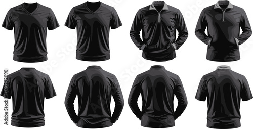 Black shirts mockup, front and back view, V-neck T-shirt, quarter zip pullover, apparel template, fashion design, clothing layout