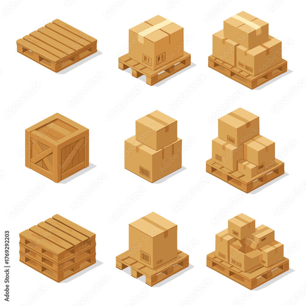 Fototapeta premium Isometric warehouse elements: pallets, boxes, and containers for logistics. Vector icon