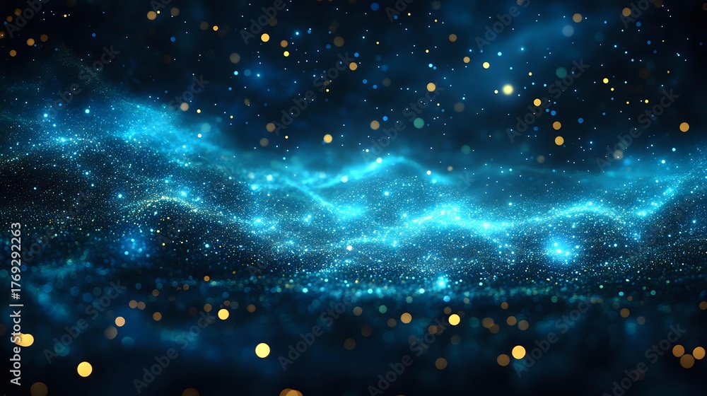 Obraz premium Glowing blue cosmic nebula with sparkling stars and golden light particles against dark space background, creating mystical atmospheric effect.