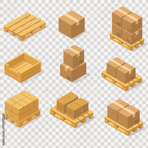 Isometric warehouse elements: pallets, boxes, and containers for logistics. Vector icon