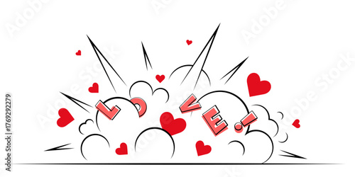 Love explosion banner with hearts blowing out. Valentine Day card with text and love symbols, intense feelings burst. Vector art, graphic design element and background.