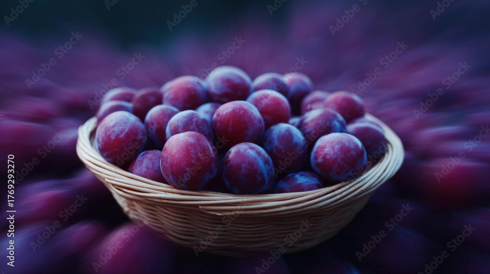 Obraz premium Close-up of a small woven basket filled with plums. the basket is made of light-colored wood and has a handle on one side. the plums are a deep purple color and appear to be ripe and juicy.