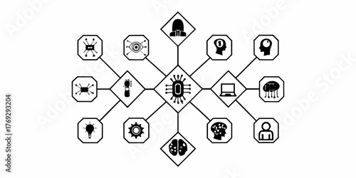 Illustrated diagram of artificial intelligence concepts and related technologies connected together on transparent background