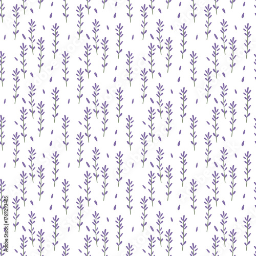 Seamless lavender floral pattern with purple flowers and leaves. The flat colorful plant design is perfect for fabrics, packaging, spas, wellness centers, or natural product branding.