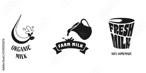 This set of logos highlights the importance of organic and homemade milk from farms. Each design focuses on fresh and tasty dairy while emphasizing environmental conservation efforts.