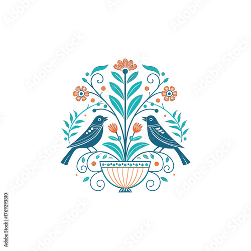 Colorful different type of birds sitting on tree branches with colourful floral and leaf patterns, featuring nature vector illustration