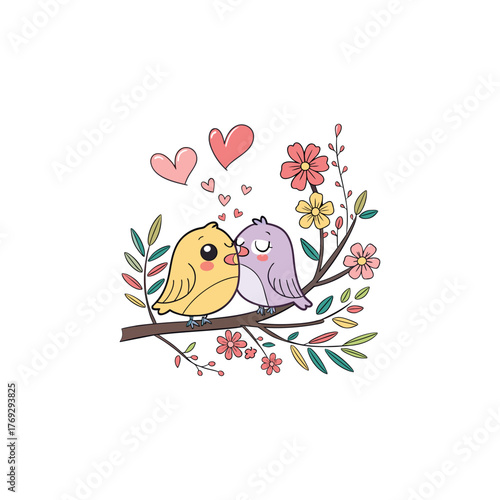 Colorful different type of birds sitting on tree branches with colourful floral and leaf patterns, featuring nature vector illustration