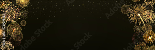 Festive golden fireworks bursting on dark night sky with sparkling stars. Celebration background with empty space in the center. Vector illustration.
