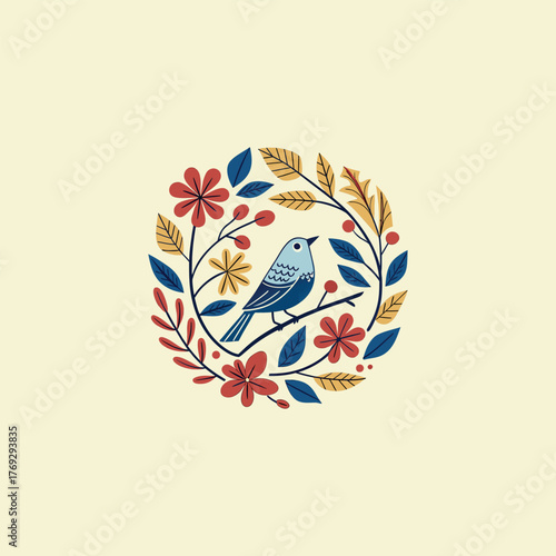 Colorful different type of birds sitting on tree branches with colourful floral and leaf patterns, featuring nature vector illustration