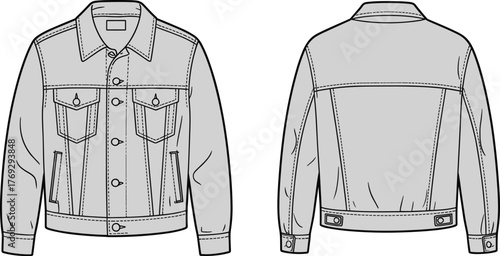 Denim jacket technical sketch, front and back view, fashion flat drawing, garment design template, apparel illustration, clothing construction details