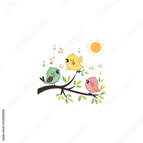 Colorful different type of birds sitting on tree branches with colourful floral and leaf patterns, featuring nature vector illustration