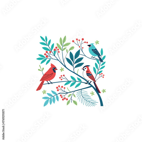 Colorful different type of birds sitting on tree branches with colourful floral and leaf patterns, featuring nature vector illustration
