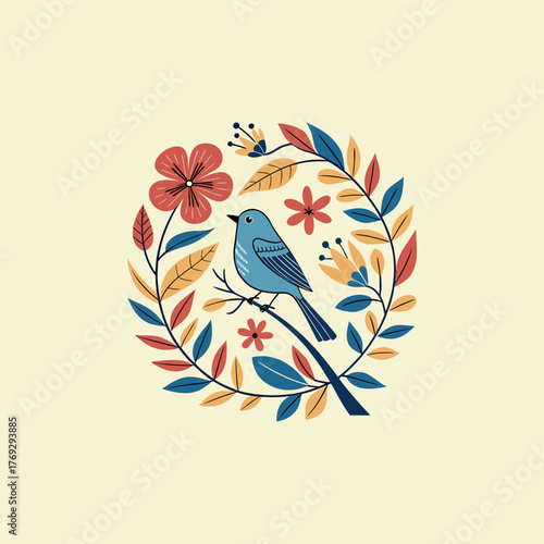 Colorful different type of birds sitting on tree branches with colourful floral and leaf patterns, featuring nature vector illustration