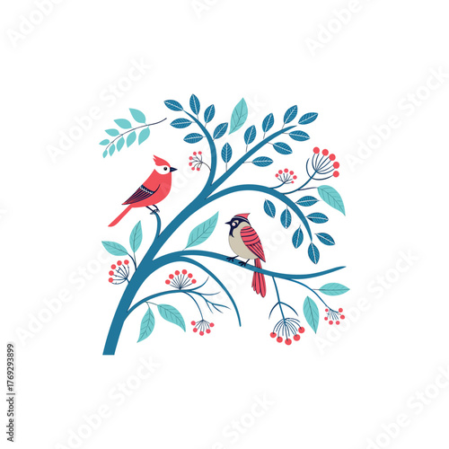 Colorful different type of birds sitting on tree branches with colourful floral and leaf patterns, featuring nature vector illustration