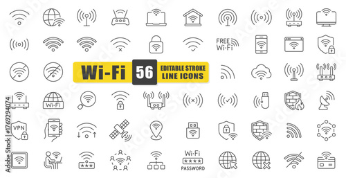 WiFi Line Icon Vector Set. A Collection Of 54 Editable Stroke Icons Depicting Wireless Signals, Routers, Connections, Passwords, And Networks. Perfect For Technology, Communication. Isolated Symbols.