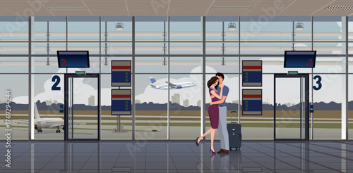 Meeting at the airport, in the terminal with airplanes in the background. Vector.